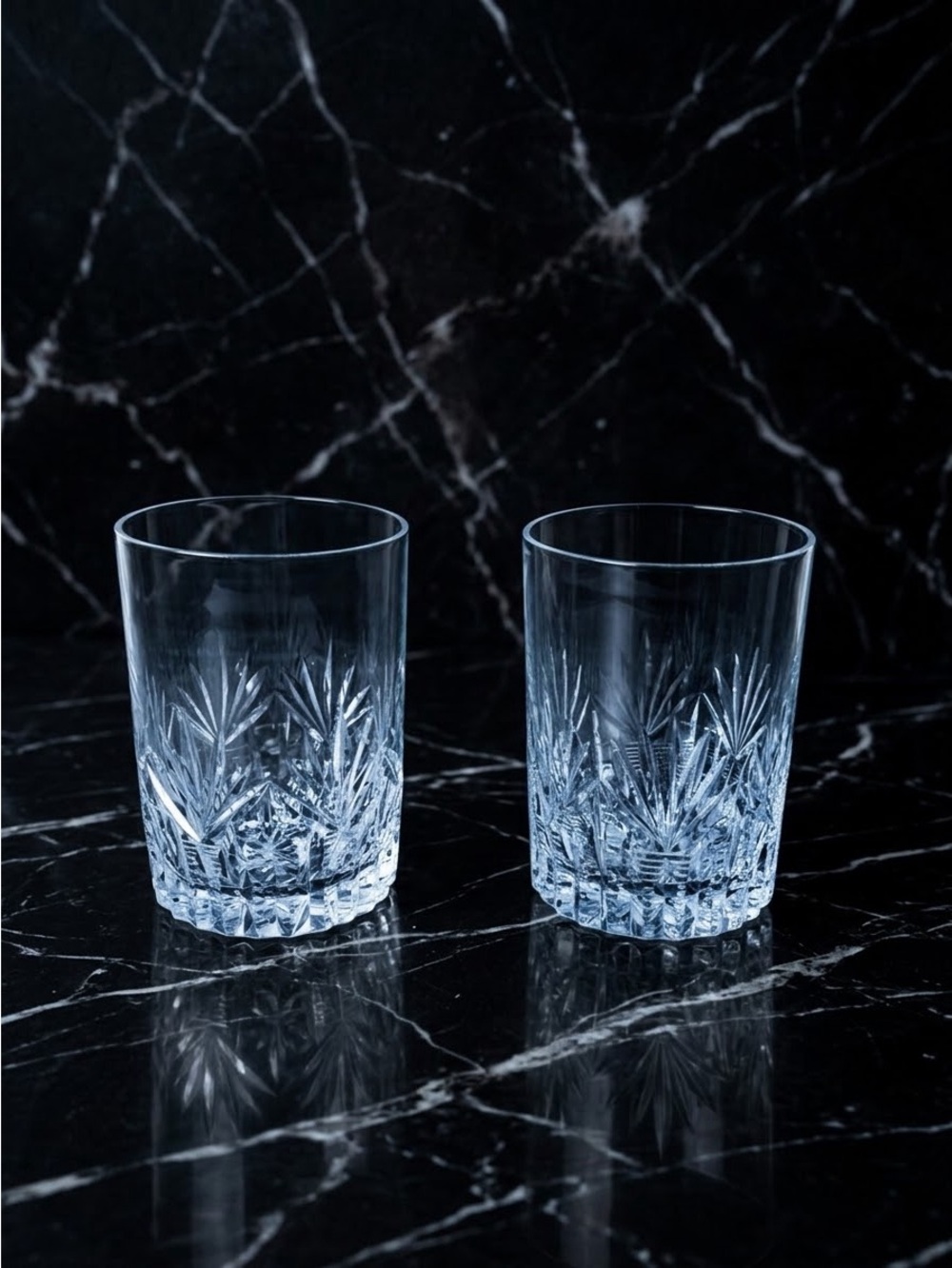 Set of 2 Cut Crystal Lowball Tumblers 10 oz Lismore Style Diamond & Wedge Cut